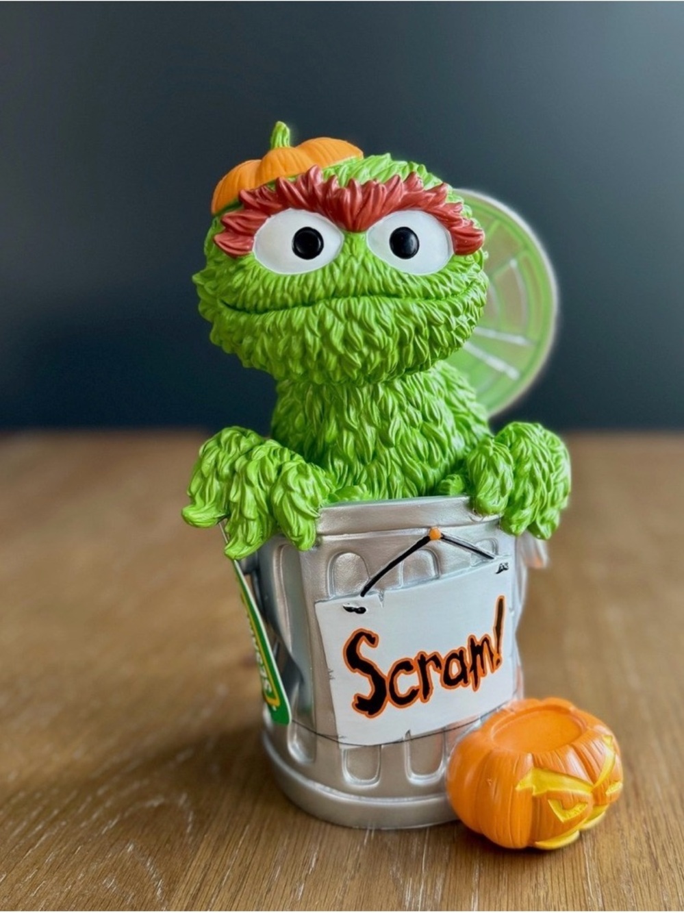 Sesame Street Oscar the Grouch in his Trash can ready for Halloween.